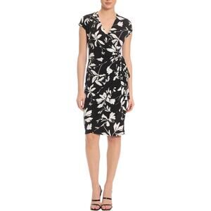 Maggy London Black White Floral Wrap Dress 0 NWOT Matte Jersey Midi Resort Wear